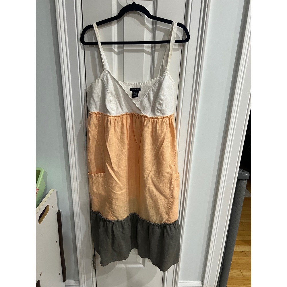 Calvin Klein Jeans Women XL Linen Colorblock Midi Dress Boho Peach White Green